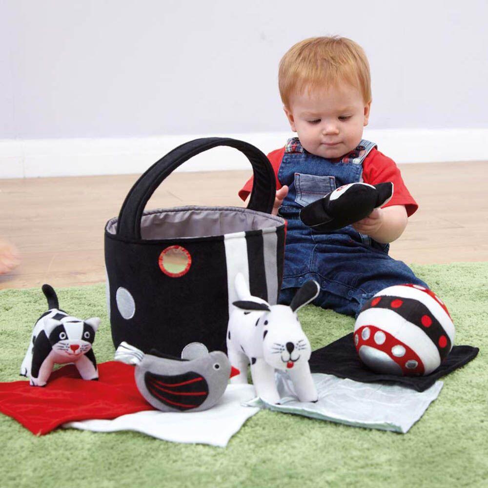 Black and White Soft Baby Toys in Basket b&w kitout| Babies