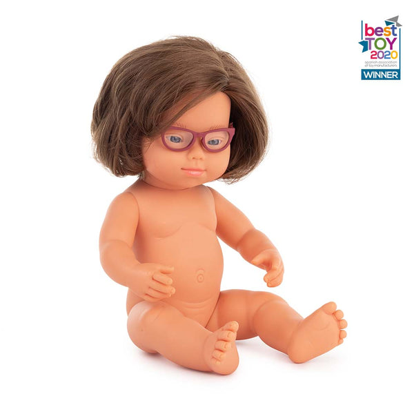 Hard Bodied Doll European Girl with Down Syndrome with Glasses