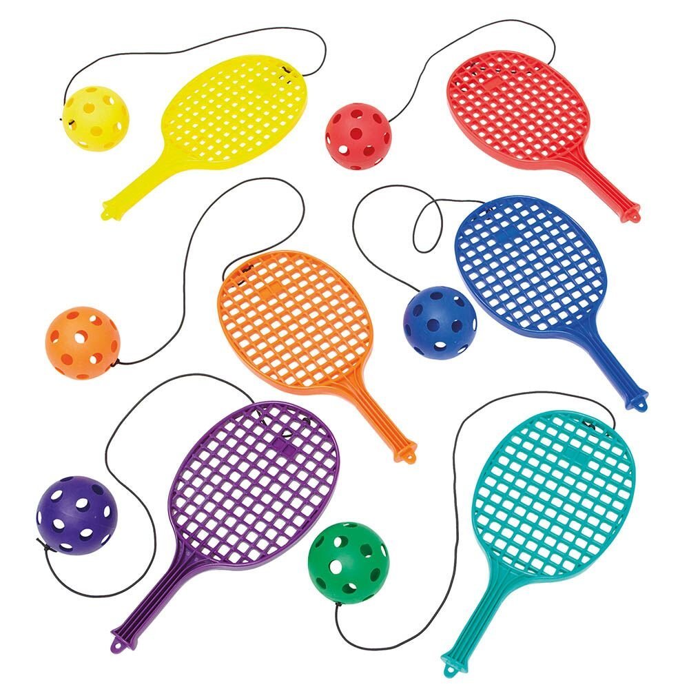 Plastic Playground Bat with Ball on String 6pk - EASE