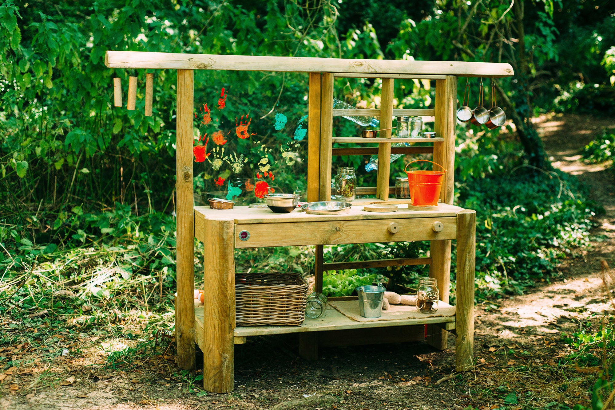 Wooden Outdoor Mud Kitchen with pots and pans