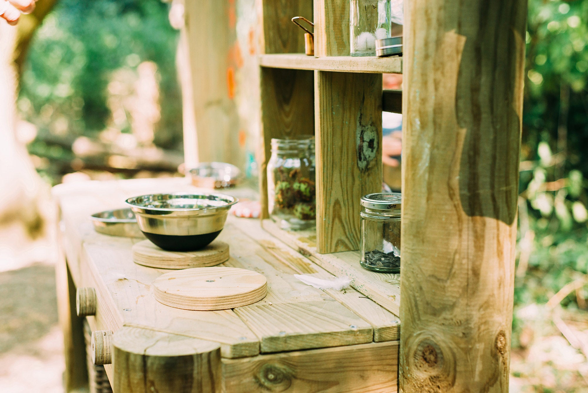 Wooden Outdoor Mud Kitchen with pots and pans