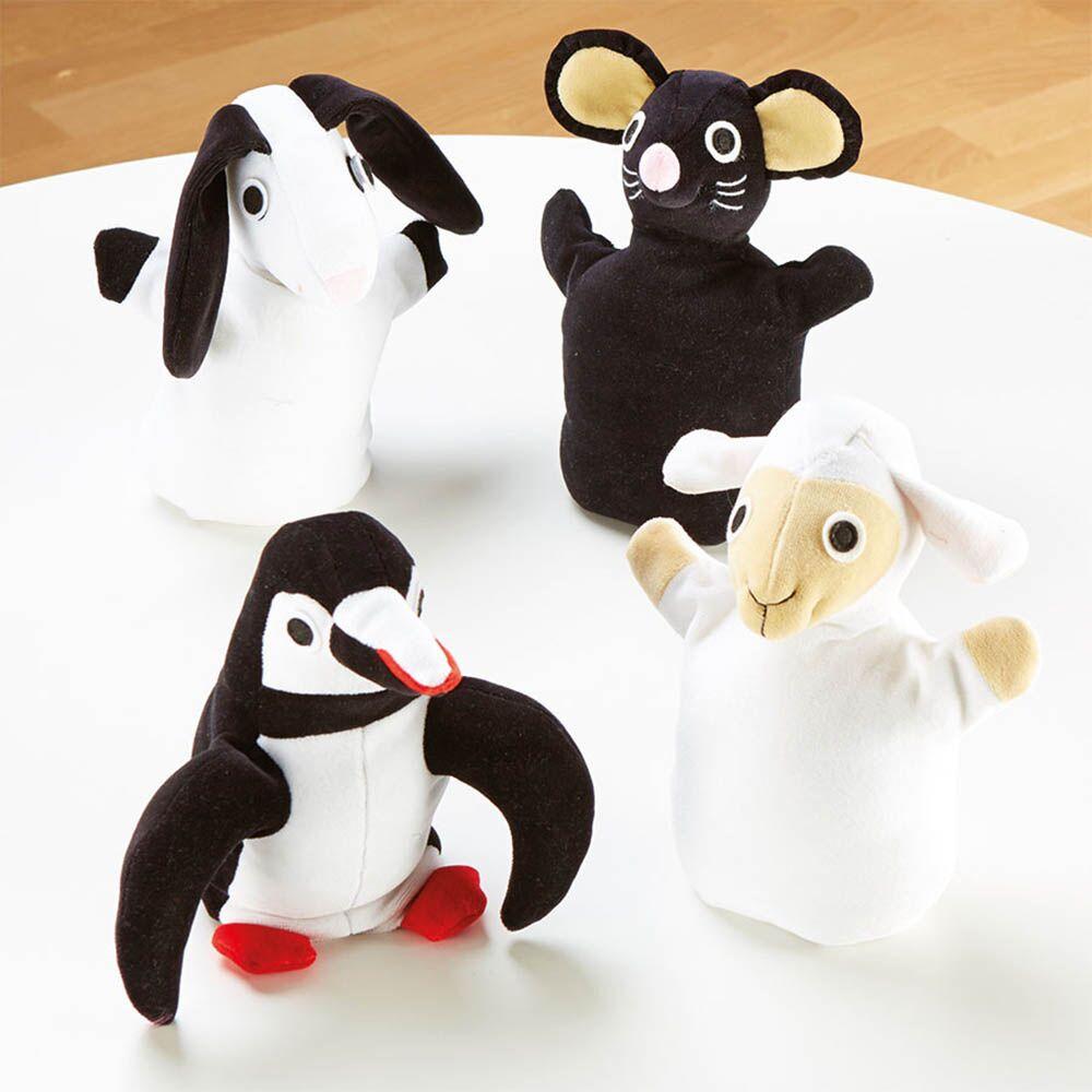 Black And White Soft Animal Puppets 4pk