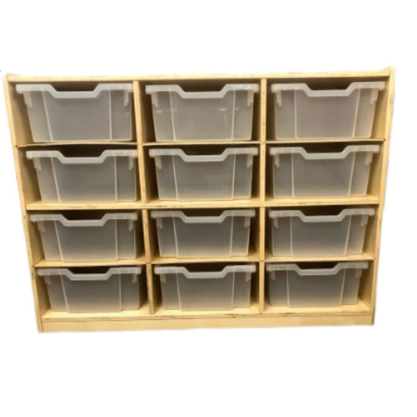 12 cubby storage unit in wood with clear boxes