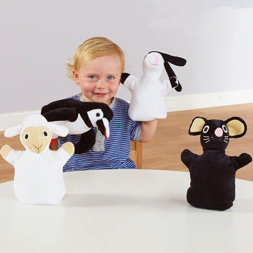 Black And White Soft Animal Puppets 4pk
