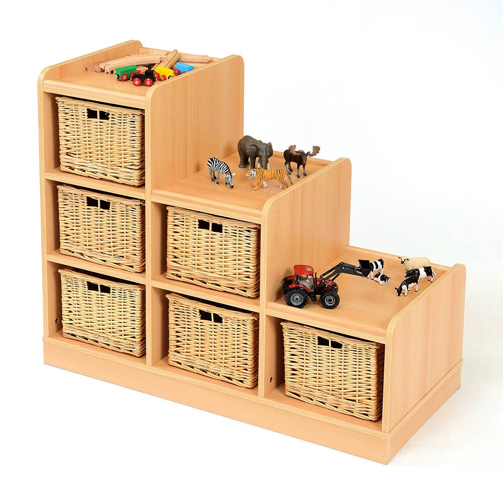Tiered Storage Units Wicker Baskets Left to Right