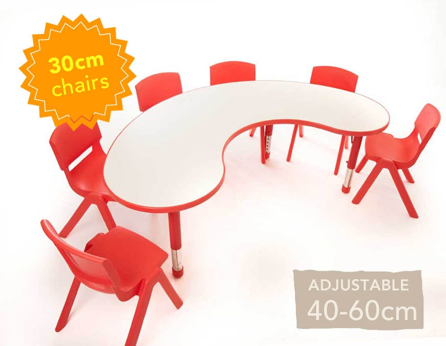 Adjustable Polyethylene Horseshoe Table with Magnolia Top & 6 chairs 30cm